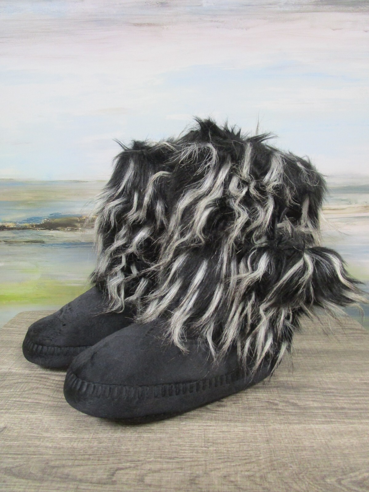 Adrienne Landau Faux Fur Booties Black Gray Slip On Casual Travel NEW