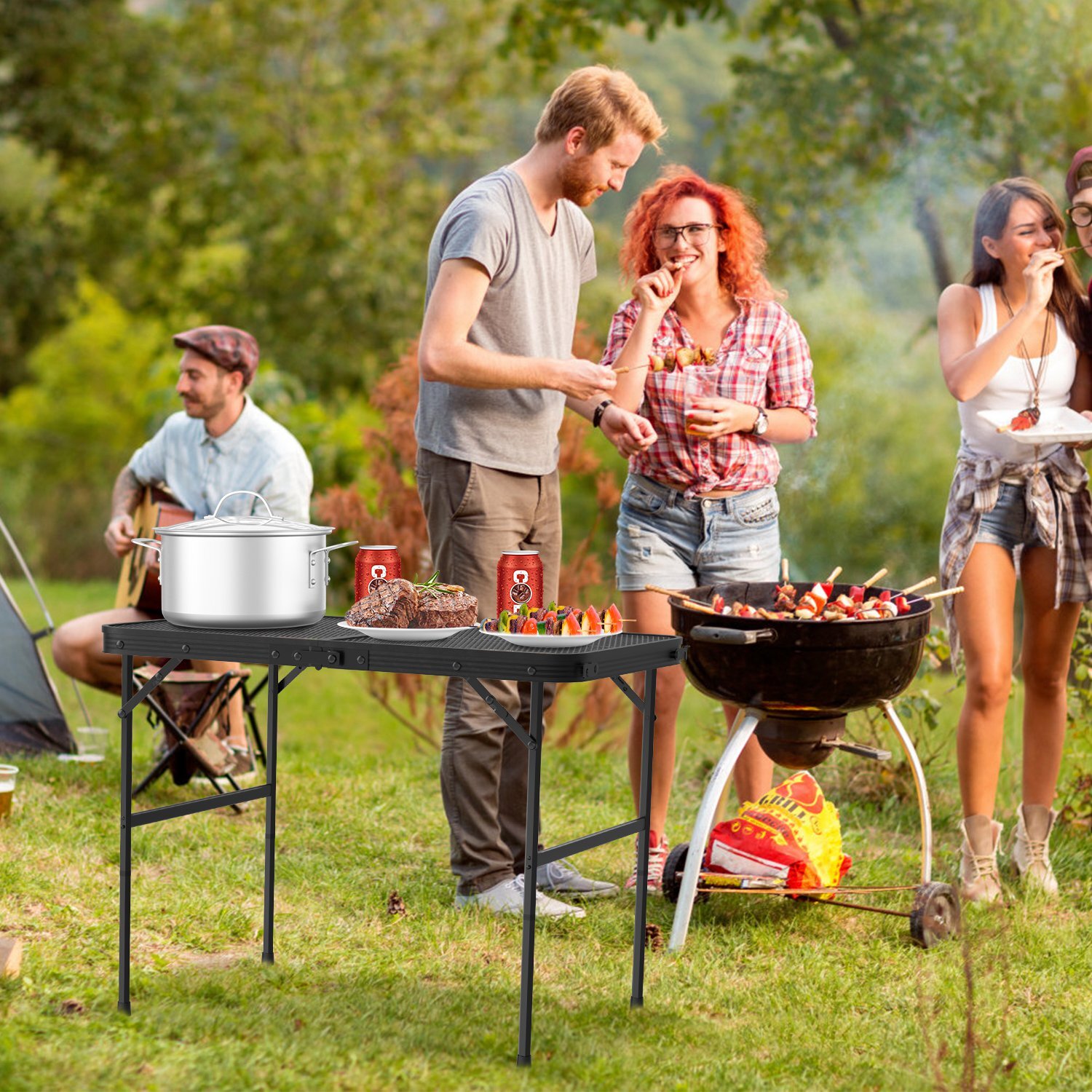 Foldable Camping Table Aluminum Alloy Adjustable Grill Stand w/Iron Mesh Table