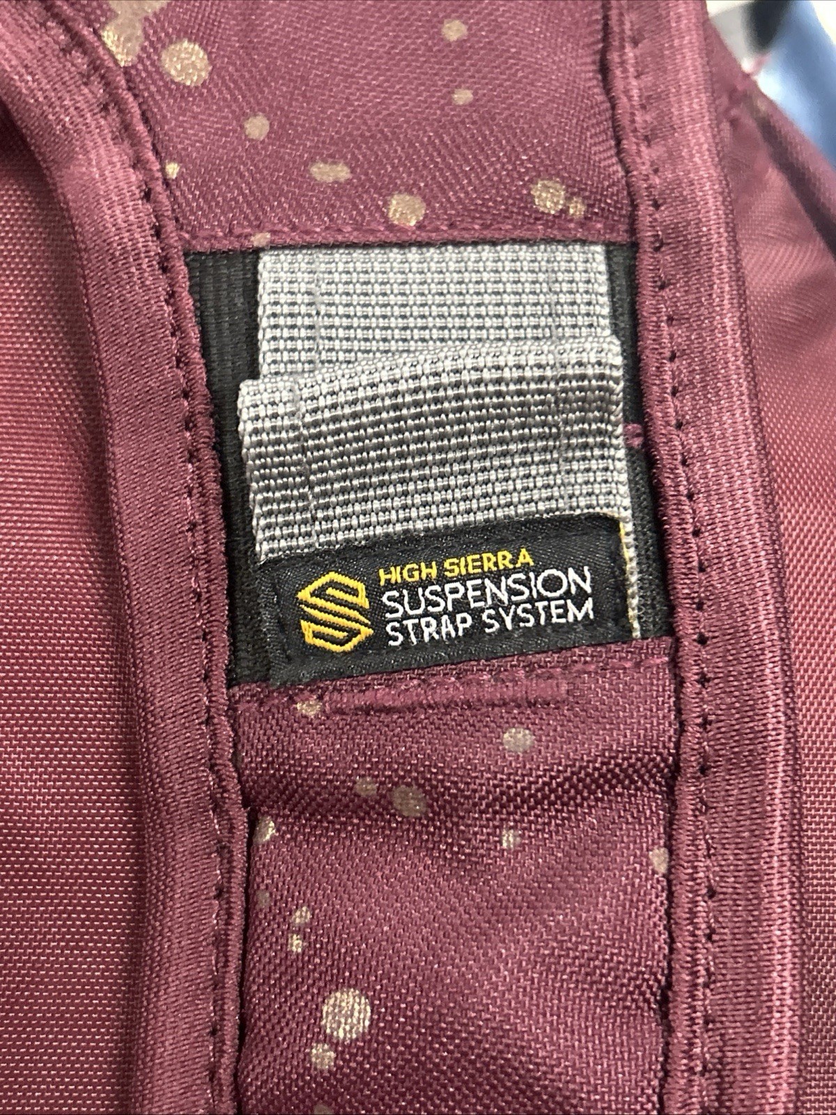 High Sierra Loop Backpack Bookbag Gold Splatter Pattern Maroon Bag