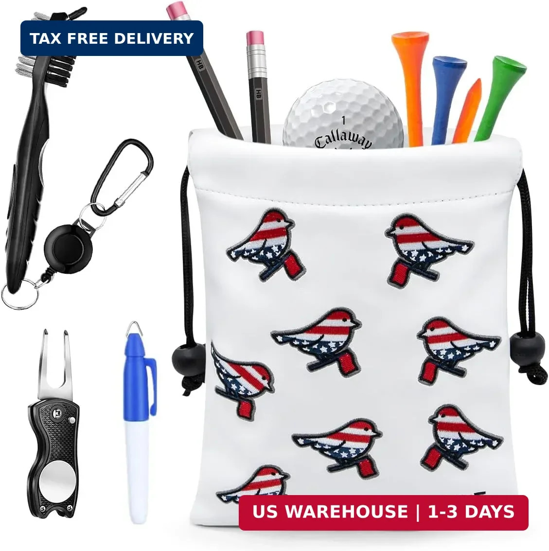 Golf Valuables Pouch, Leather Golf Tee Pouch with Drawstring Closure Golf Ball T