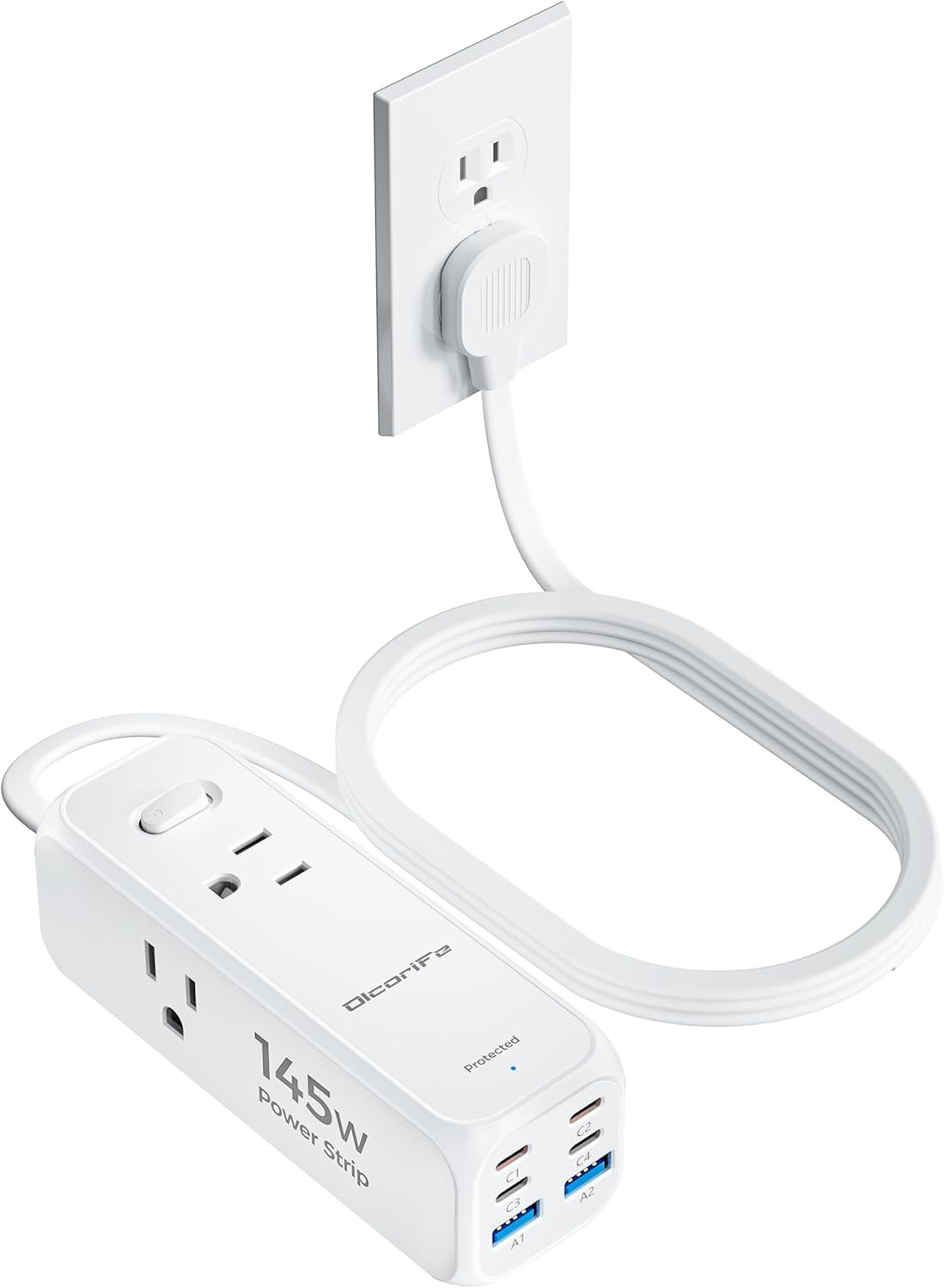 145W USB Power Strip, 5FT Flat Plug Extension Cord with 3 AC Outlets 6 USB Ports