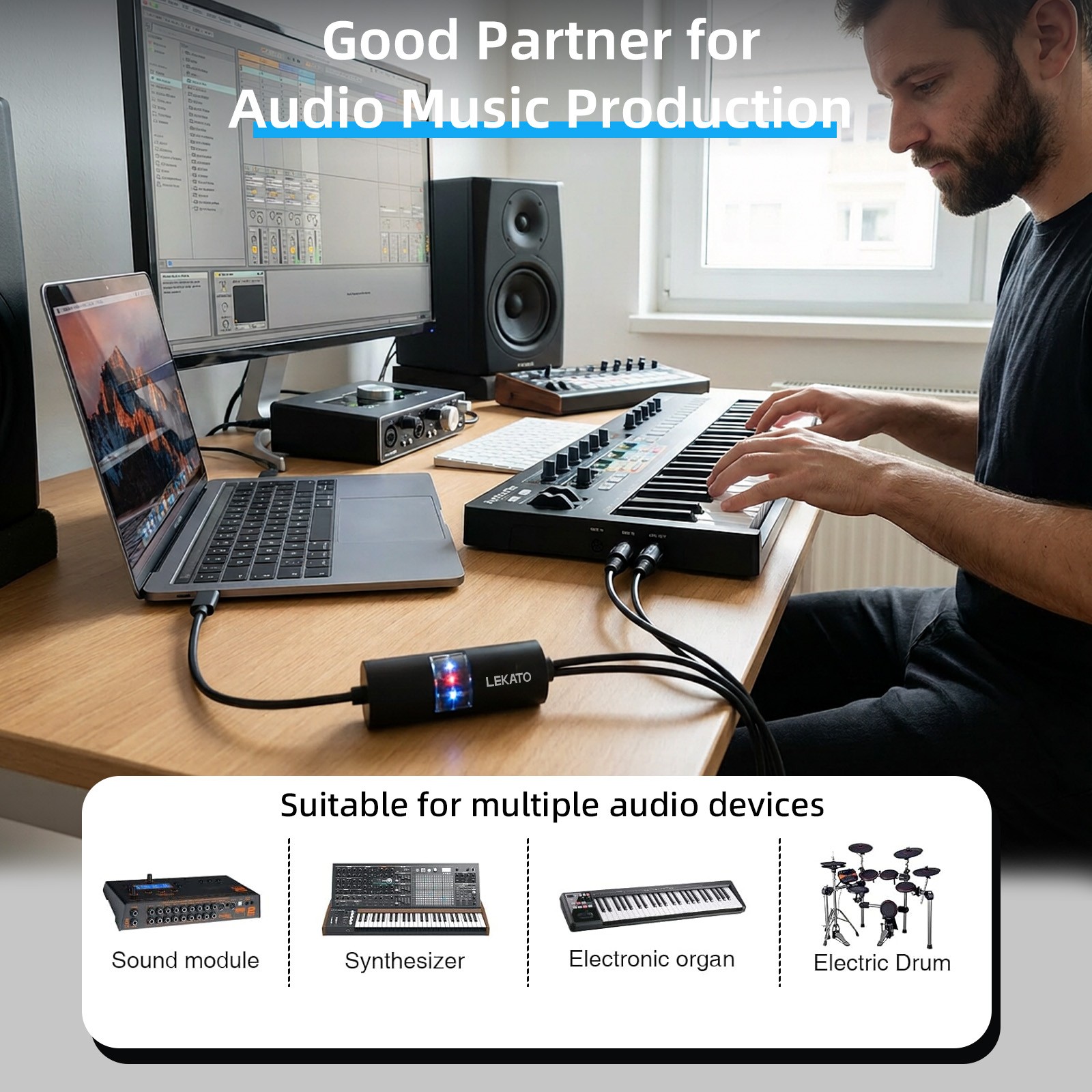 LEKATO USB-C MIDI Cable 6.5ft Professional 16 Channels MIDI In Out Interface