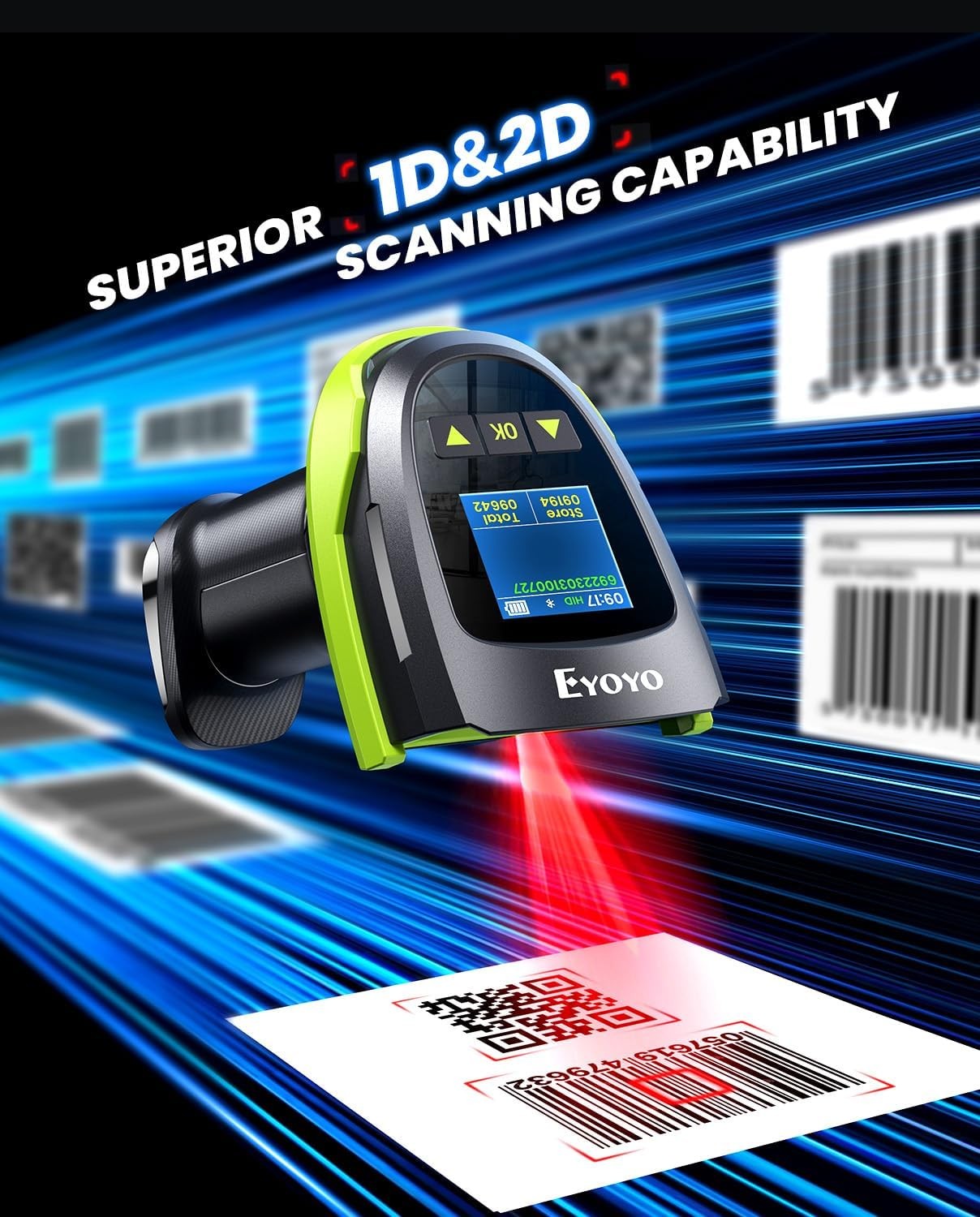 Eyoyo 1.44" LCD Barcode Scanner Wireless with Screen 1D 2D QR Bluetooth Scanner