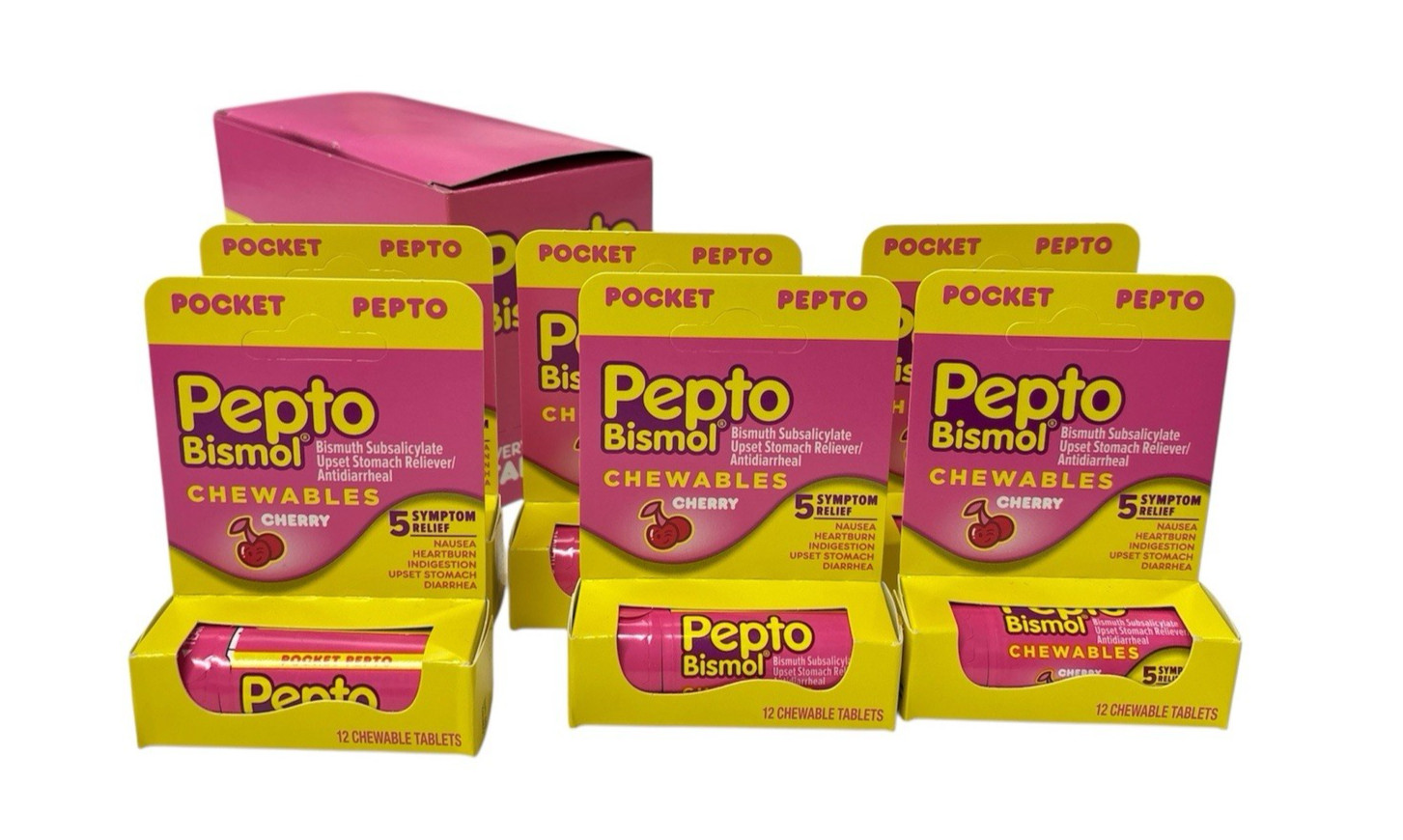 6 (12ct each) Pepto-Bismol Pocket Pepto Cherry Chewable Tablets EXP 11/26