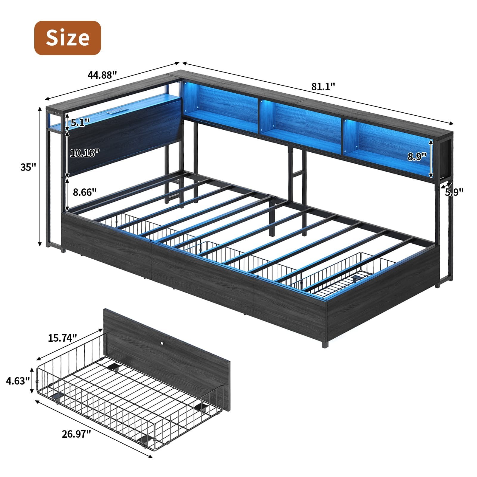 Twin Corner Bed Frame with LED Headboard, Charging Station, Storage Drawers, Bla
