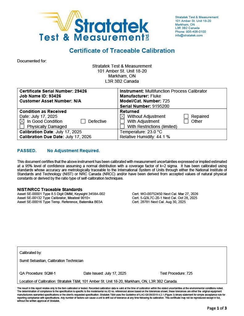 Fluke 725 Multifunction Process Calibrator - NIST Calibrated with Data