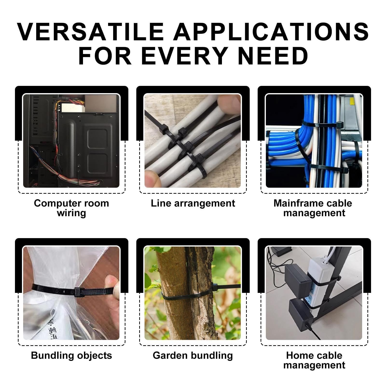 NLZD 500 Pack Assorted Black Zip Ties – 4+6+8+10+12(500 Pack),