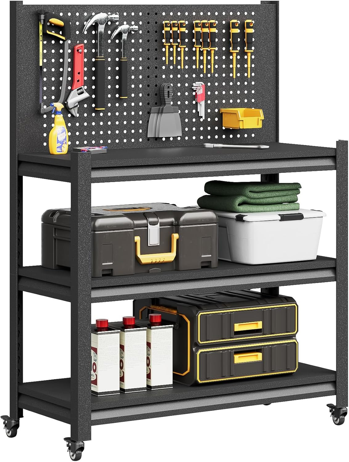 Heavy Duty Adjustable Workbench W/ Pegboard Wheels Storage Shelves Garage Table