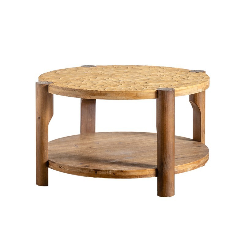 Round Coffee Table with Solid Wood for Living Room, 2-Tier Round Coffee Table