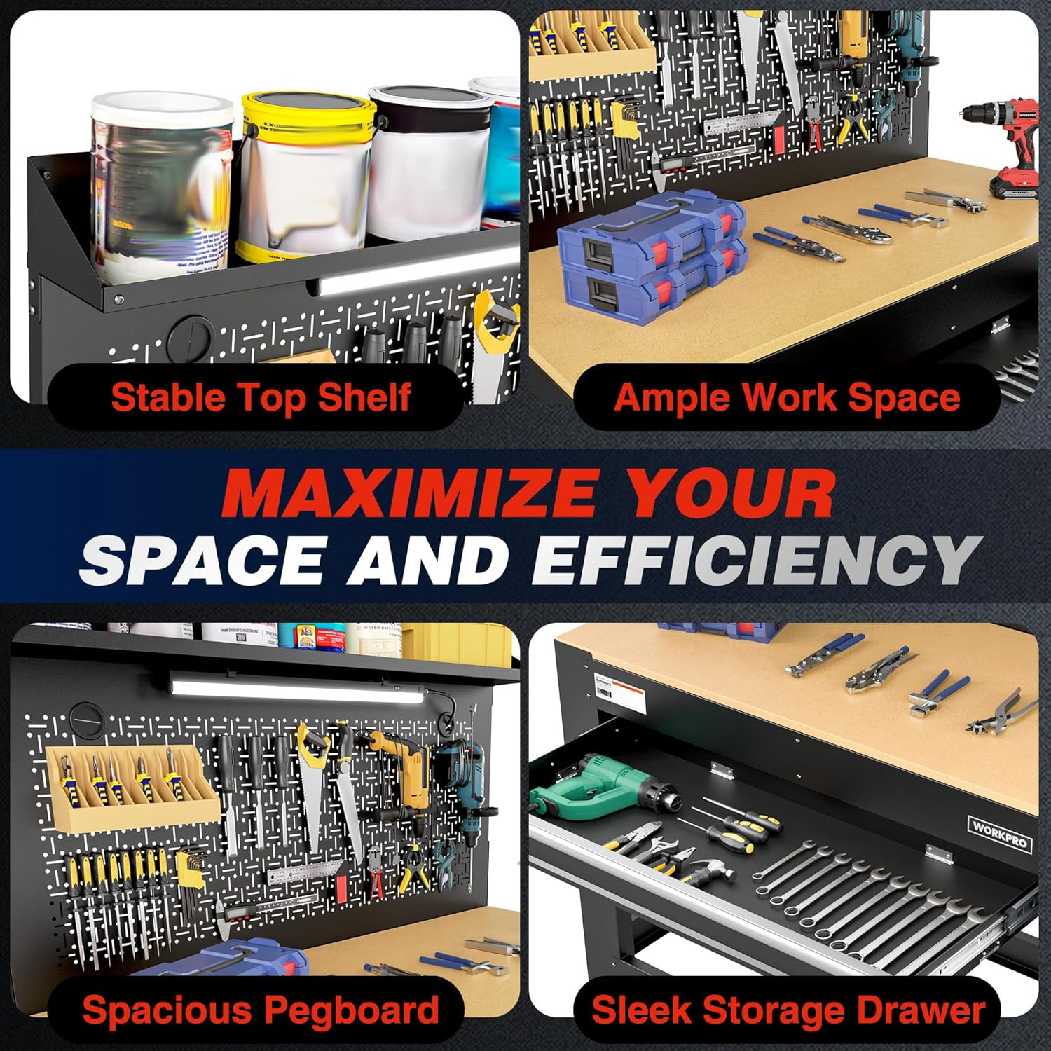 WORKPRO 45" Garage Workbench with Storage, Heavy-Duty Workbench with Pegboard, P