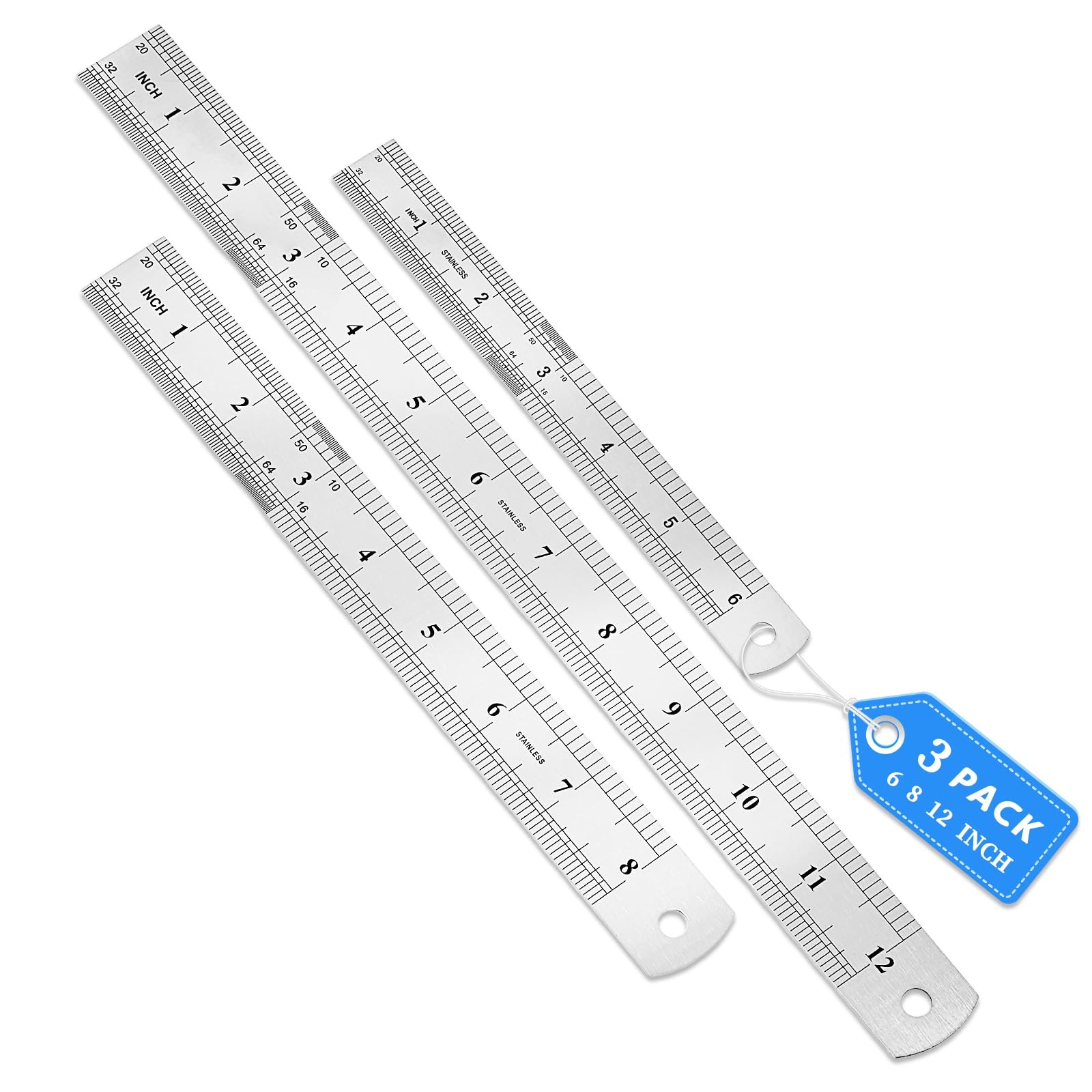 CHAYUFUN 3 Pack Stainless Steel Ruler Set, 6, 8, 12 Inch Metal Rulers, Silver