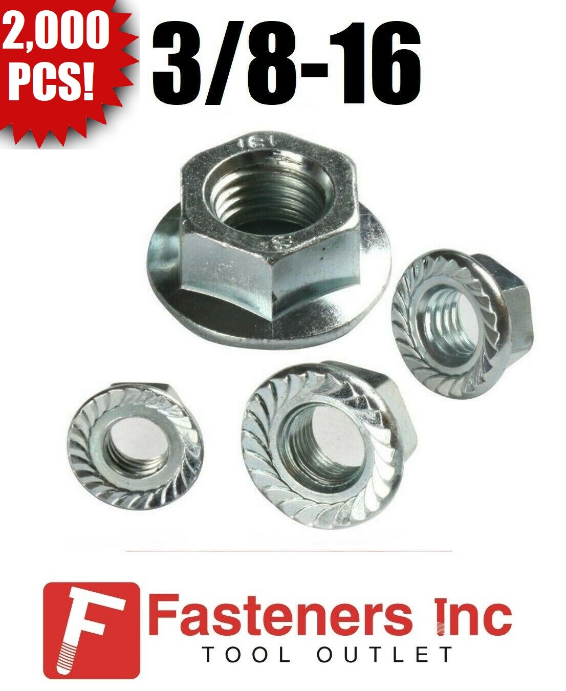 (Qty. 2000) 3/8-16 Hex Flange Nuts Serrated Zinc Plated "Whiz Nuts" Bulk Box