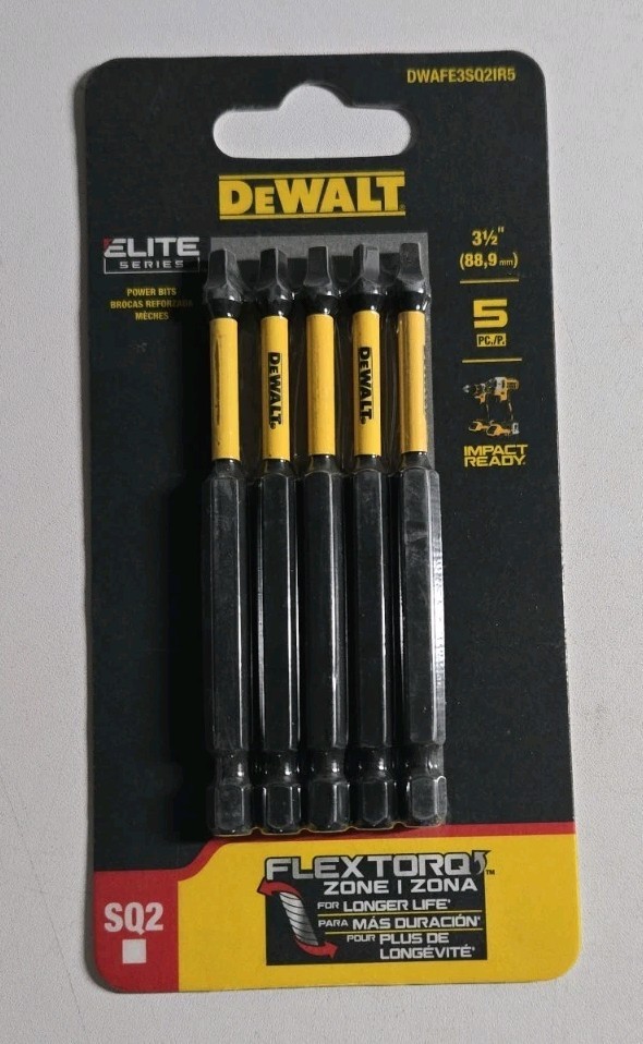 Dewalt Elite Series DWAFE3SQ2IR5  3 1/2” SQ2 Impact Bits 5 Pc