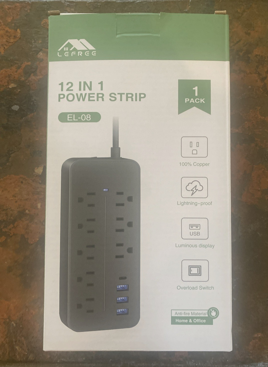 Lefree 12 In 1 Black Power Strip EL-08 ~ USB Ports ~ Lightning-Proof~100% Copper