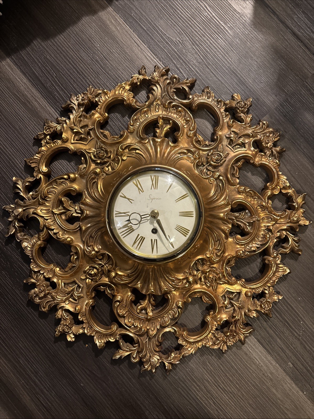 1960s Vintage SYROCO Gold Resin 8-day Windup Rococo & Brass Wall Clock USA  18"