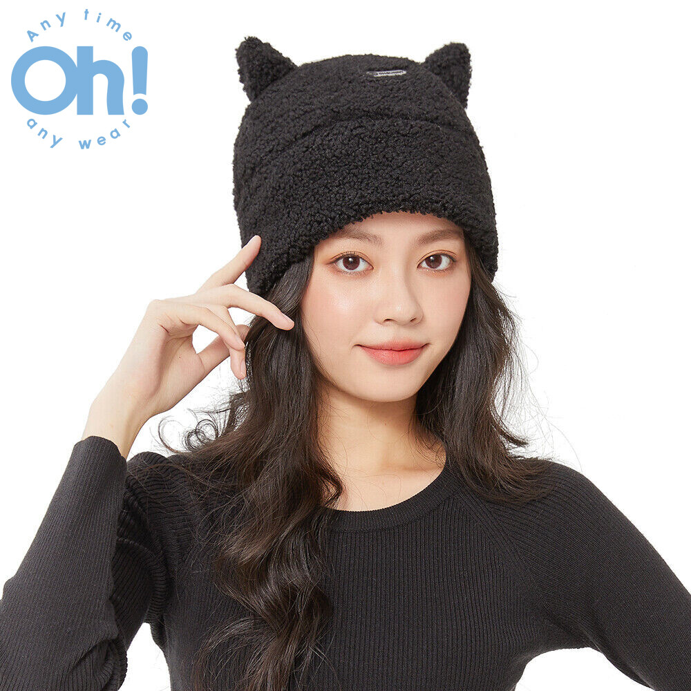 Oh!Winter Warm Beanie Hat with Mice Ears Braided Plush Cap Women Girls Black