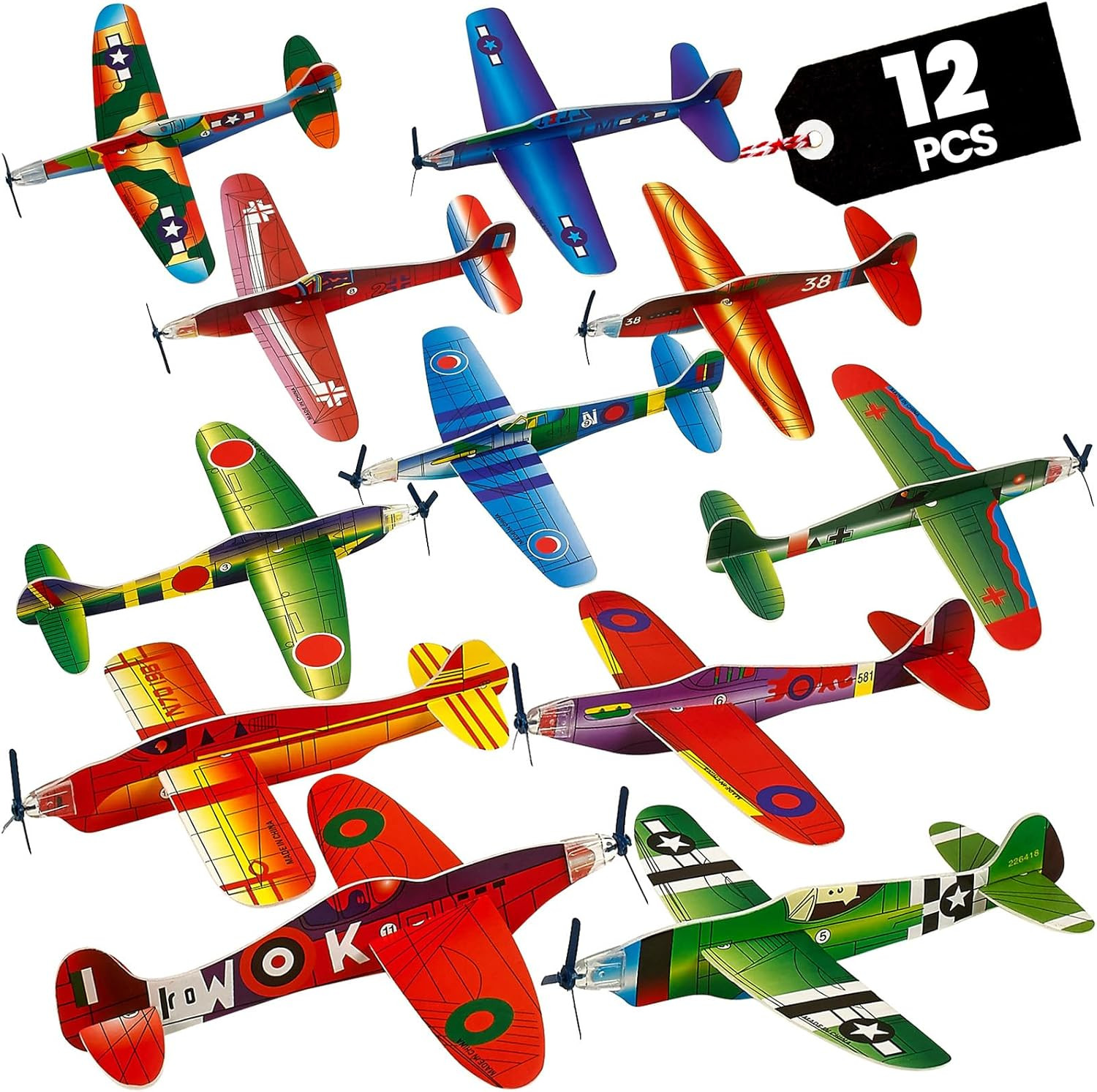 Glider Planes Bulk 12-Pack 8-Inch Bomber Airplane Gliders For Kids Foam Paper