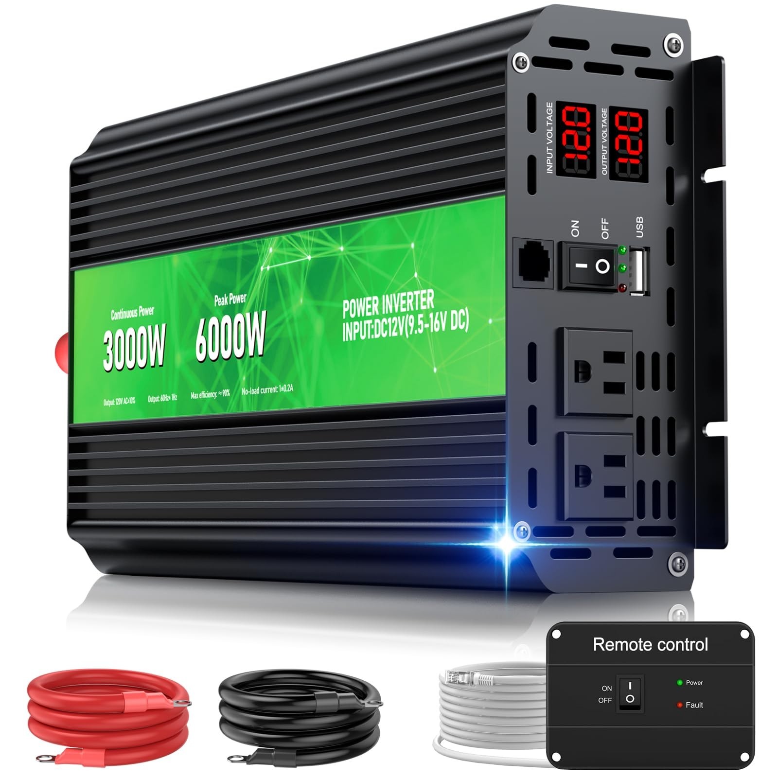 3000W/6000W Peak Power Inverter 12V DC to 110V/120V AC Converter +Remote Control