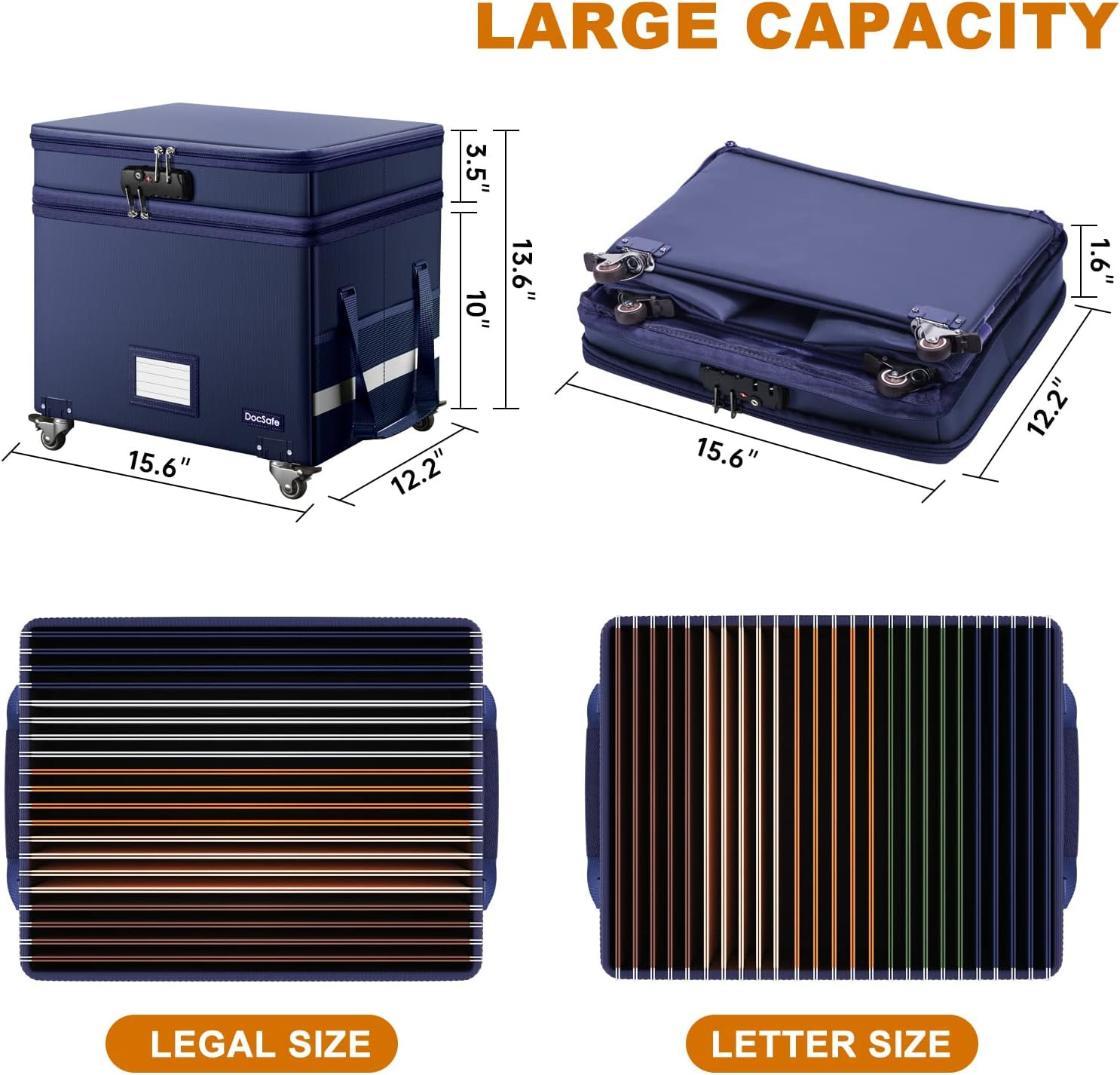 File Box with Lock, 2-Layer Fireproof Document Box with Wheels,Collapsible File