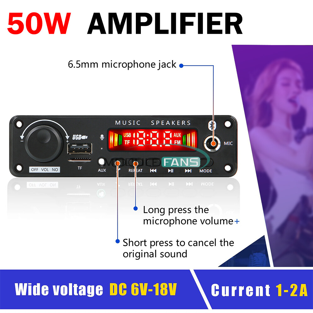 50W Amplifier Bluetooth 5.0 MP3 Player Decoder Board 6-18V FM Speaker Module