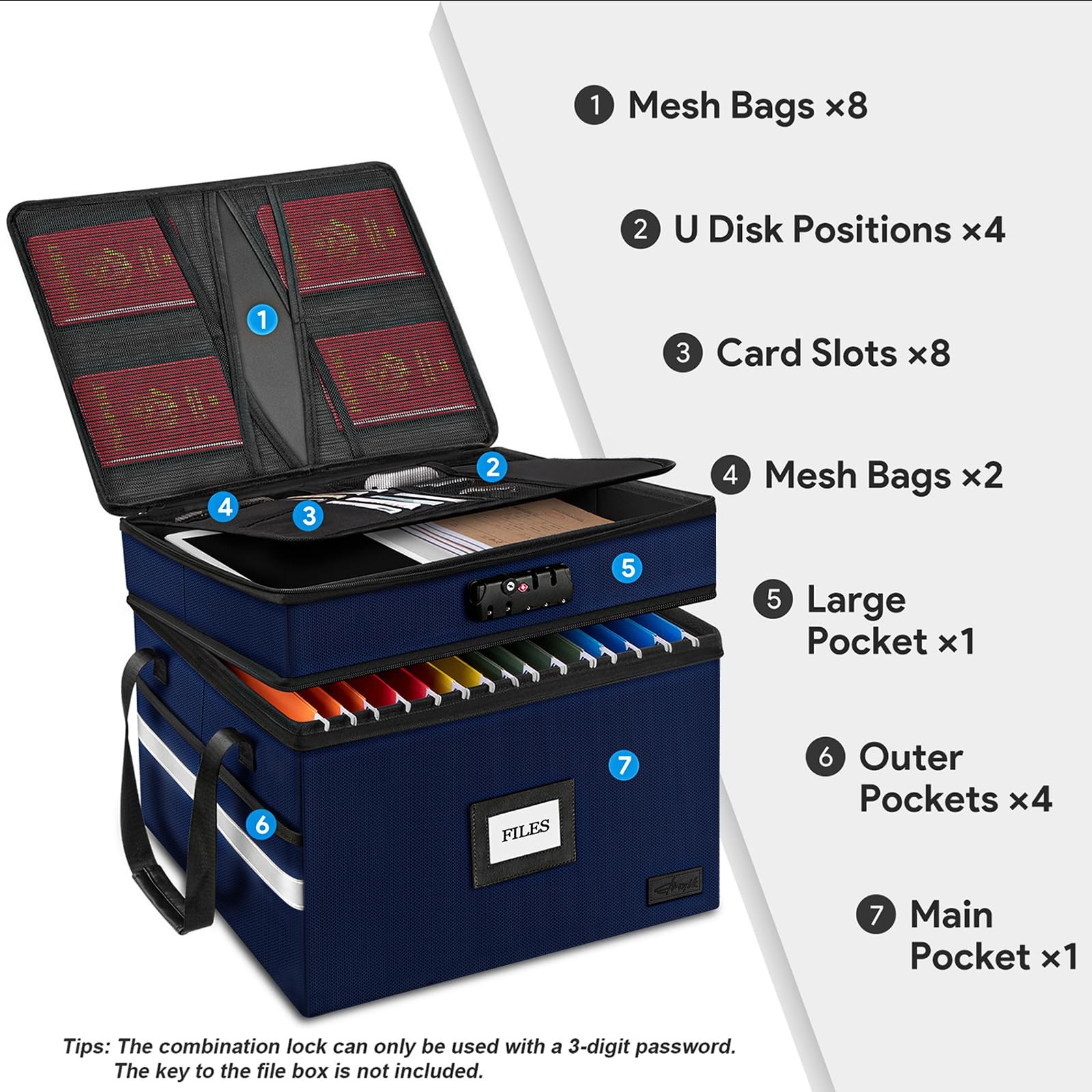 Fireproof Document Box with Lock, 2-Layer File Box Storage Organizer with 5 T...