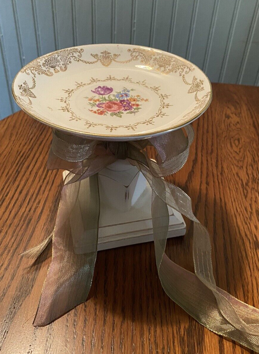 VTG Shabby Cottage Floral  Saucer Plate/Glued/Sits on Wood Column w/Bow Decor