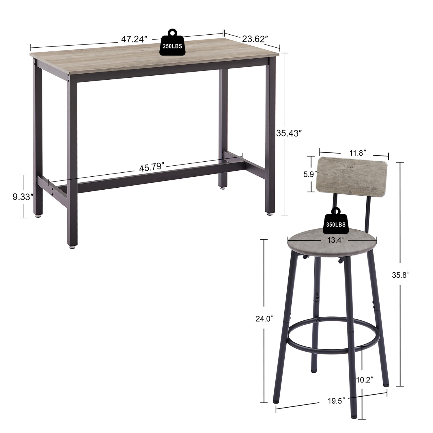 5 Piece Bar Table Set Counter Height Kitchen Pub Table with 4 Bar Stools US
