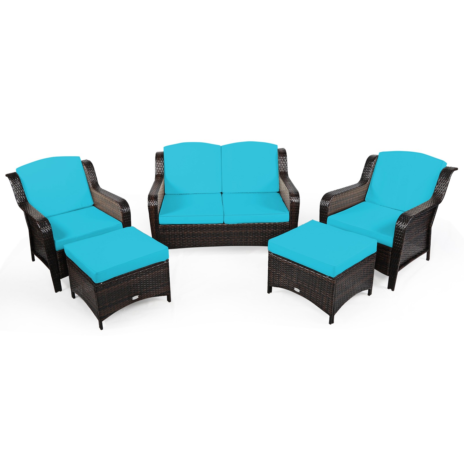 5PCS Rattan Patio Conversation Sofa Furniture Set Outdoor w/ Turquoise Cushions