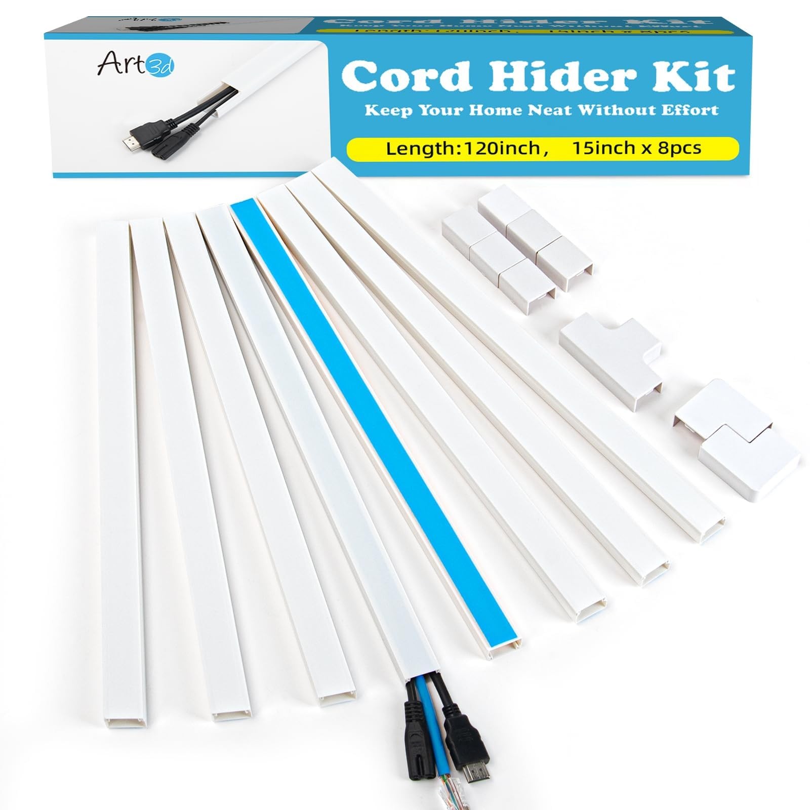 Art3d Cord Hider, 120in Cover, Large Cable Self 120in, White