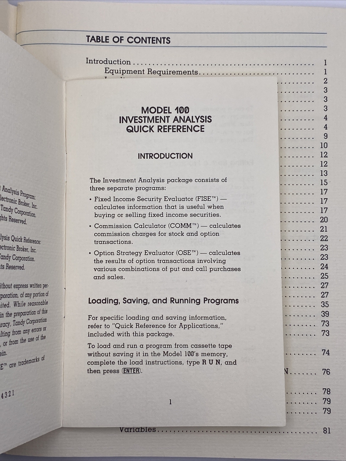 Tandy TRS-80 Model 100 Portable Computer Investment Analysis Manual/Quick Ref