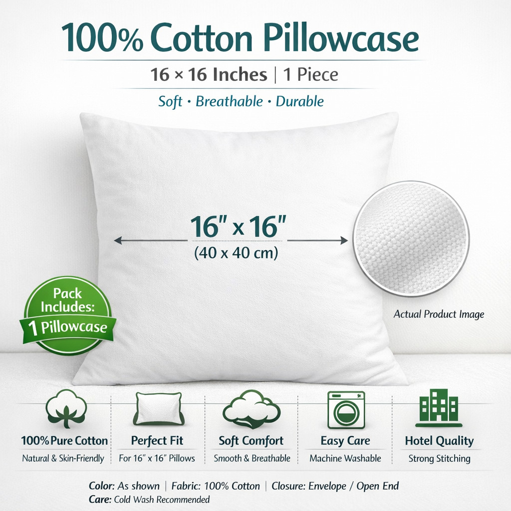 1x Pillow Case.[16"x16"] white Solid 200TC 100%Cotton-1 Quantity Only Not Pair