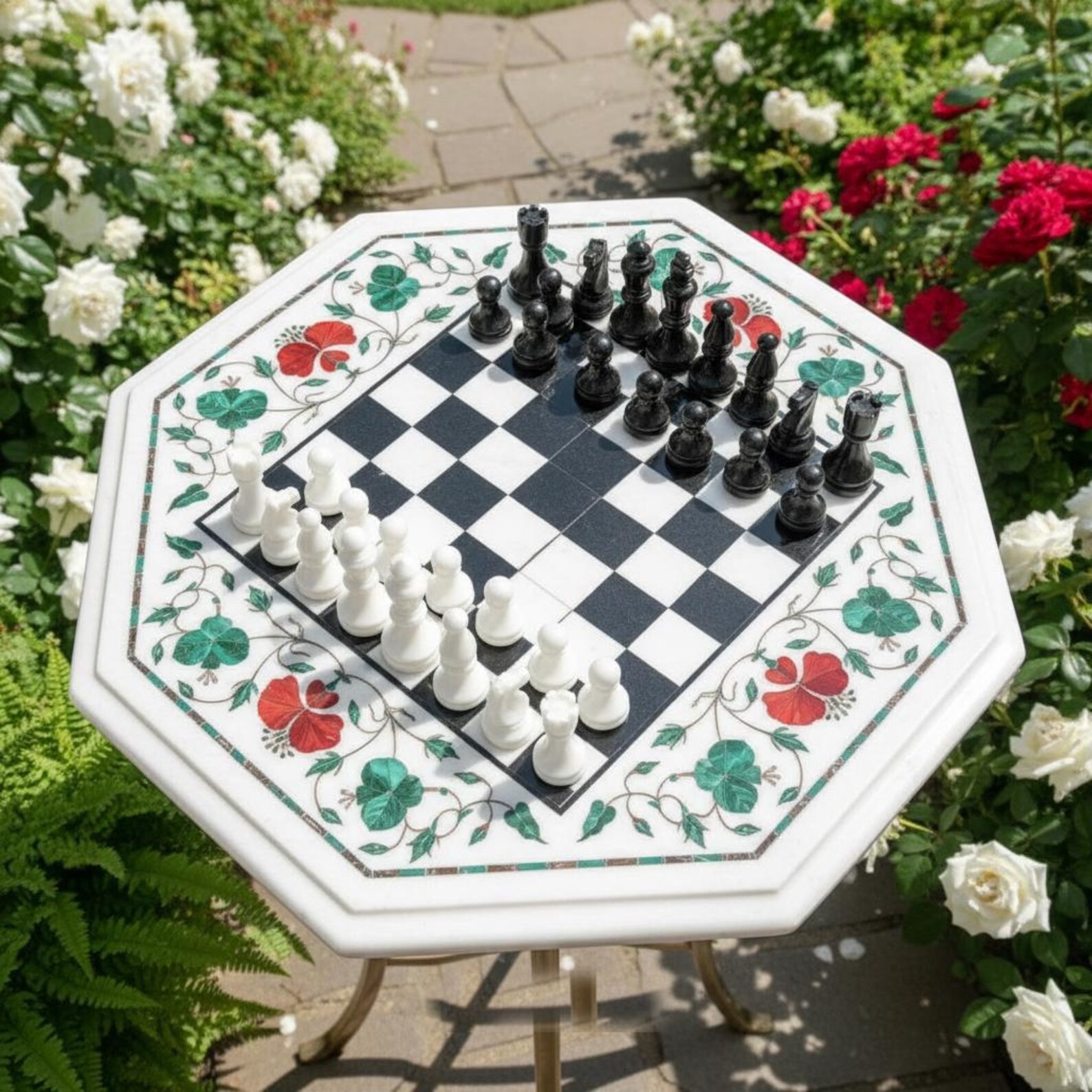 White Marble Inlay Chess Table Top | Handmade Marble Chess Board | Luxury Stone
