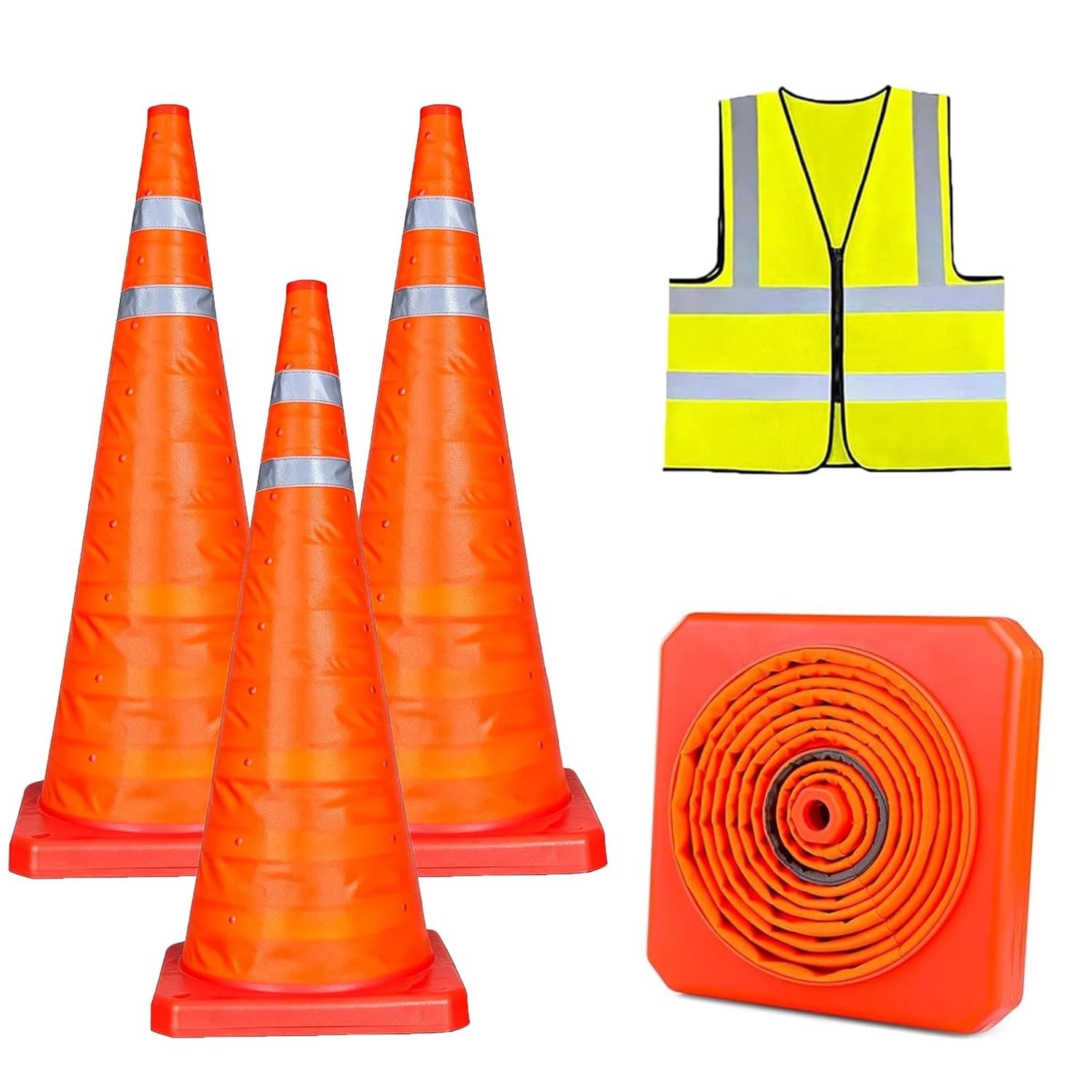 18Inch 3Pack Collapsible Orange Traffic Cone Reflective Collar With Safety Vest
