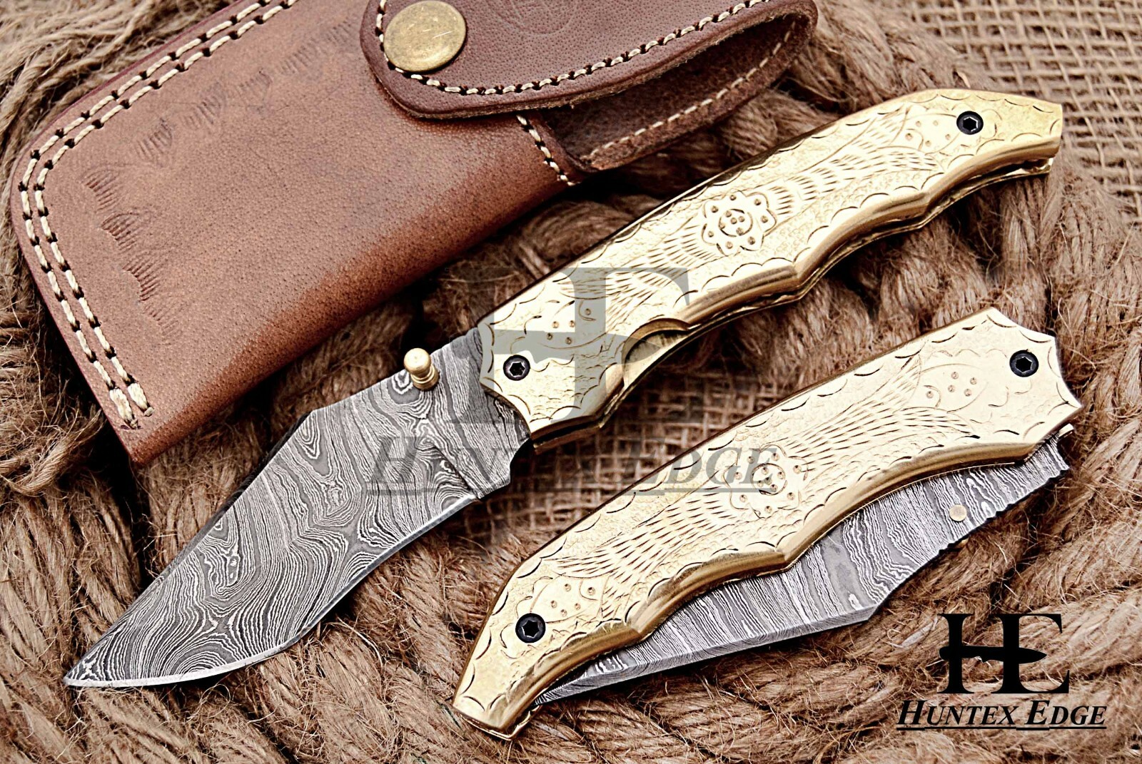HUNTEX Custom Handmade Damascus 110 mm Carved Brass Hunting Pocket Tanto Knife