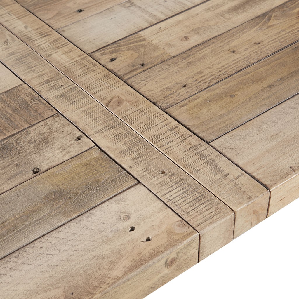 Solid wood dining table, metal stretcher, solid pine top and legs
