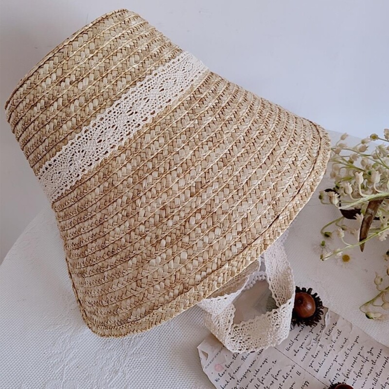 Frenchstyle Laceup Hat Bonnet Sun Straw Teens Girl Vintage Headwear