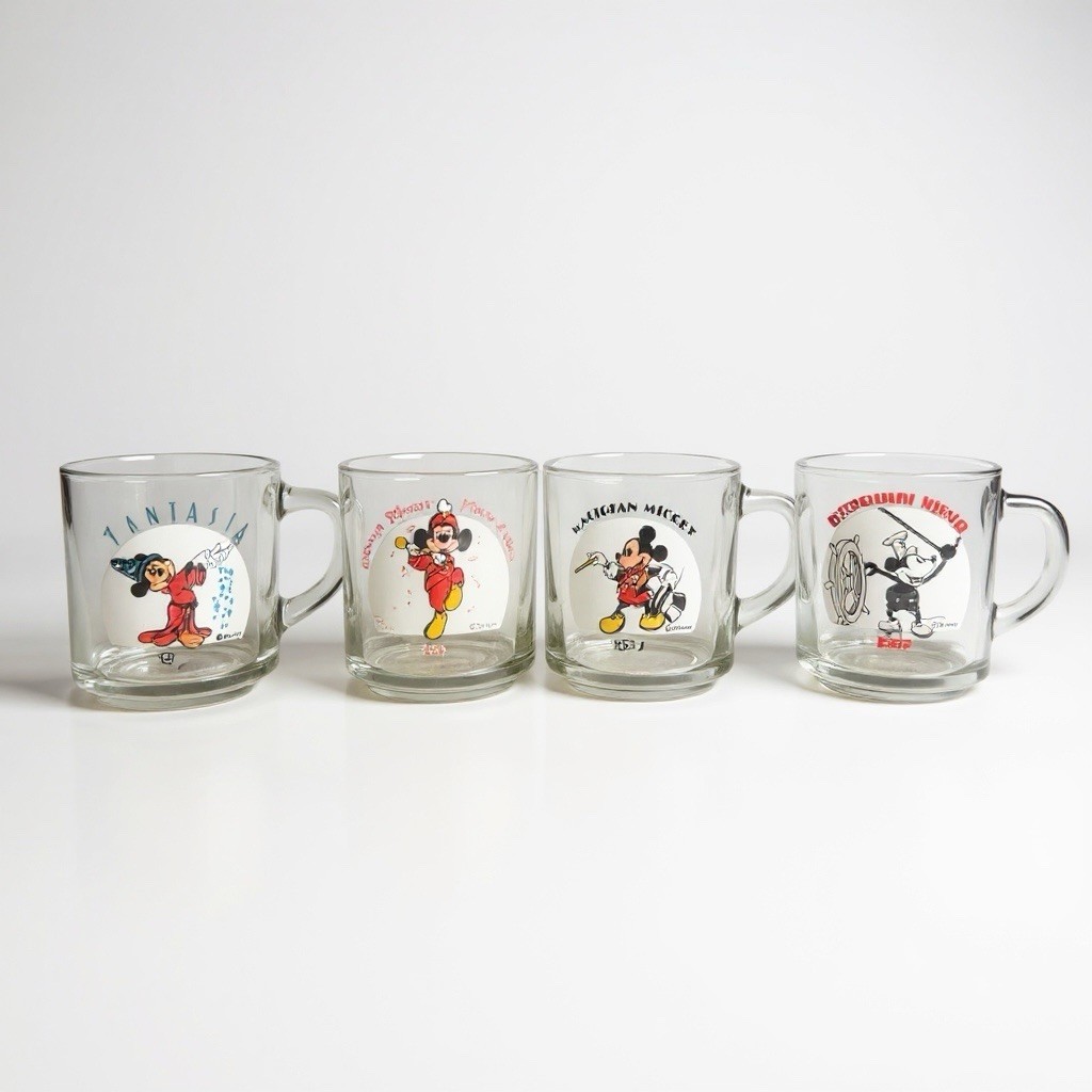 Disney Anchor Hocking Mickey Mouse Glass Mugs Set Of 4 Vintage Fantasia