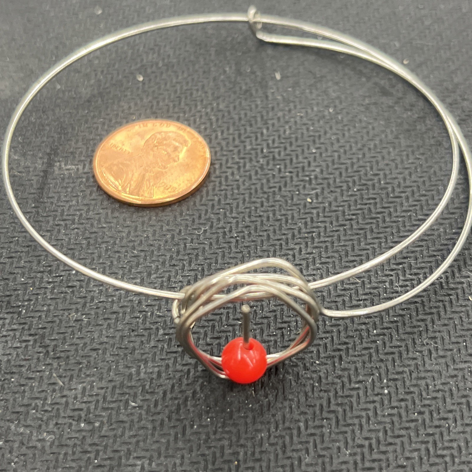 Vintage Handmade Wire Bracelet With Red Bead Circular Adjustable