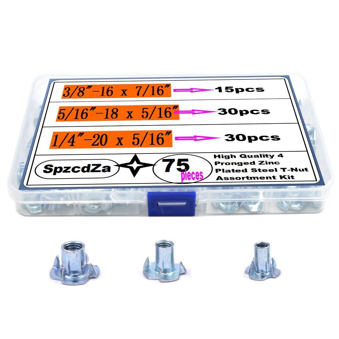 SpzcdZa Zinc Plated Steel T-Nut 4 Pronged Tee Blind Nuts Assortment Kit New