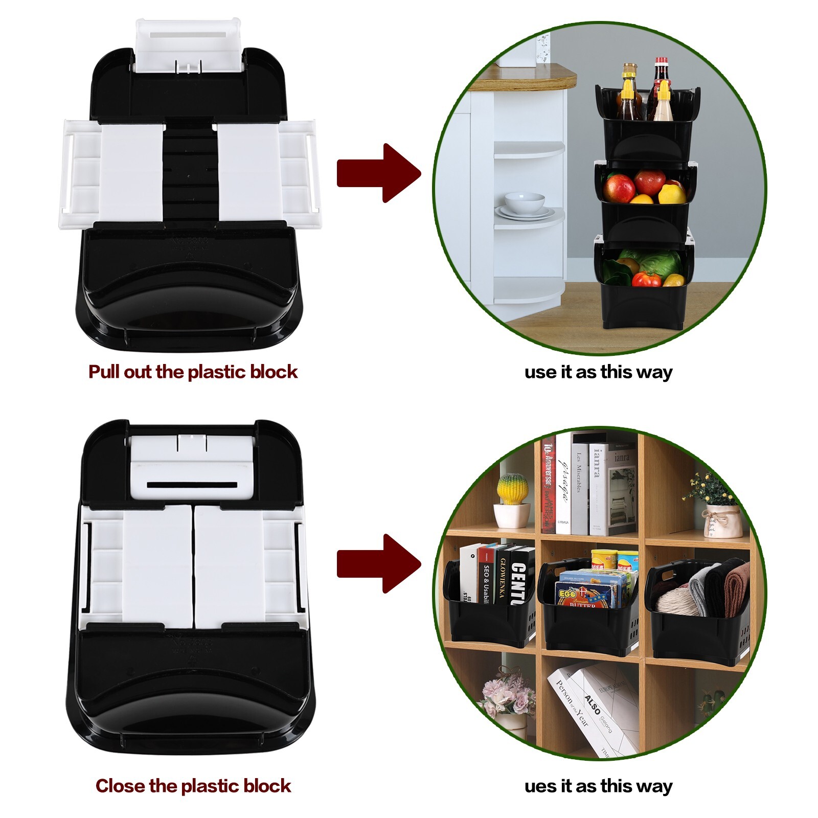 3 Packs Plastic Stacking Storage Basket, Large Detachable Stacking Bins, Black