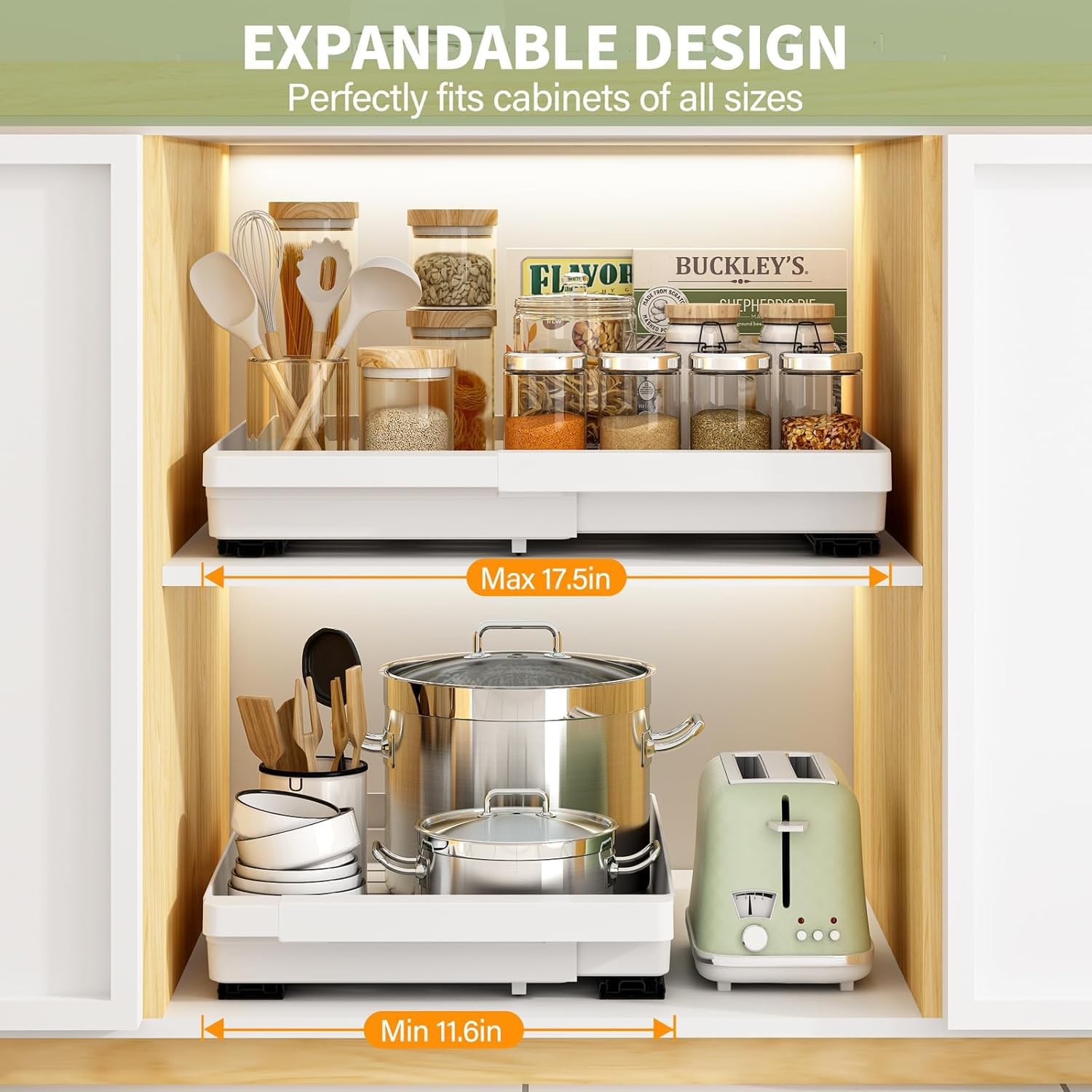 2 Pack Pull Out Cabinet Organizers Expandable, Plastic Slide Out Drawers for ...