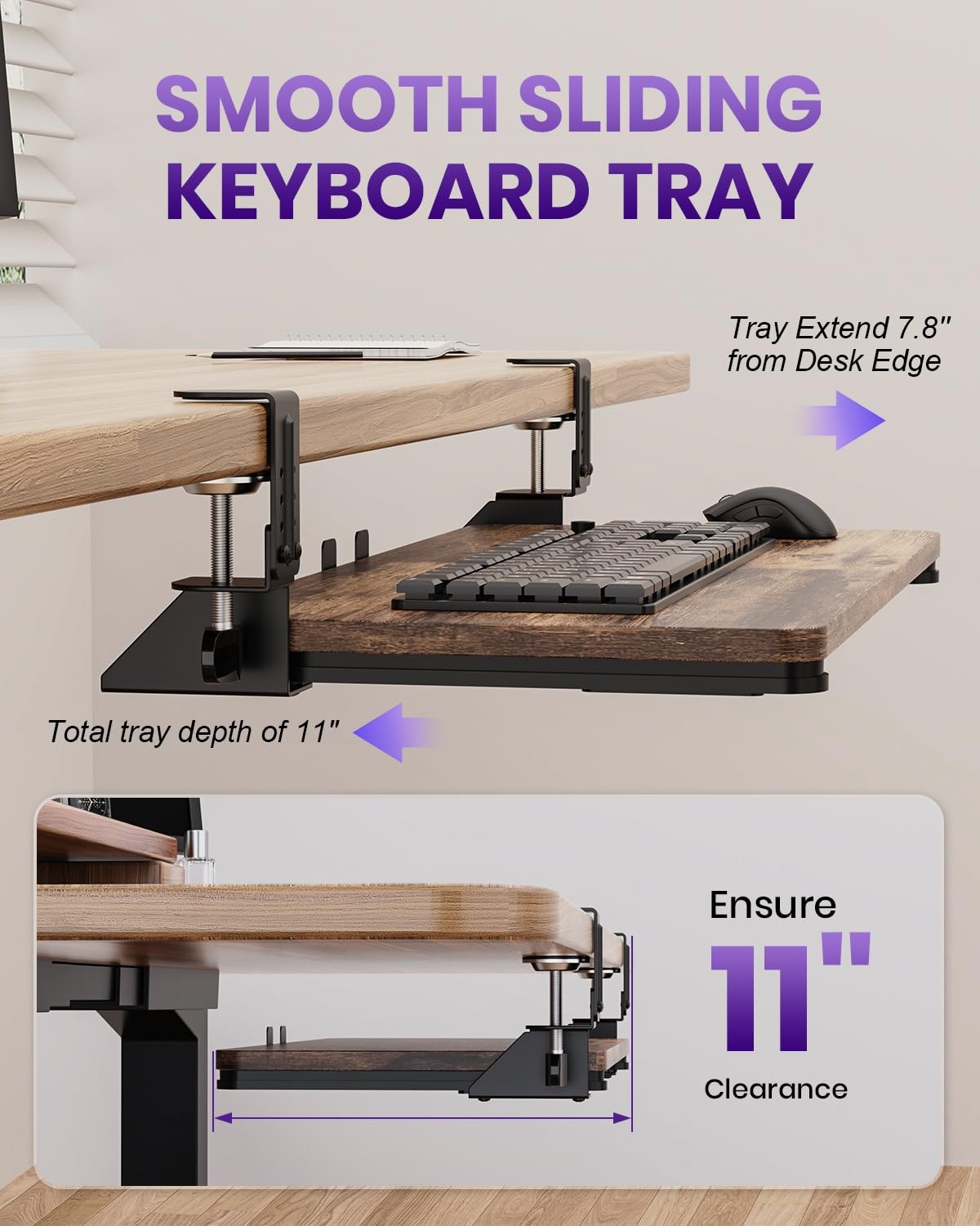 Ergonomic Under Desk Keyboard Tray Pull Out CClamp 20x11.8 Inch Rustic