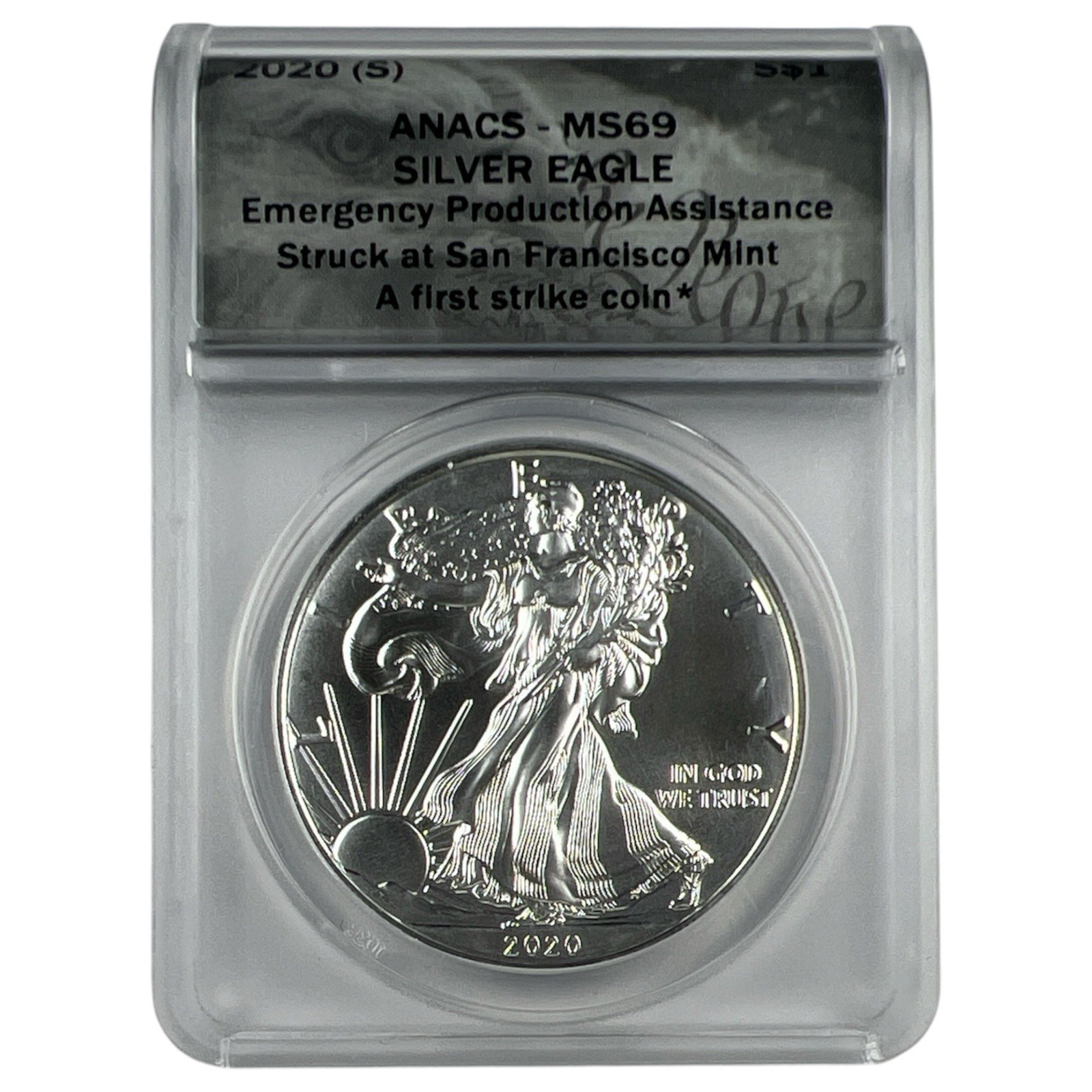 2020 (P) AMERICAN SILVER EAGLE ANACS MS69 First Strike Emergency Issue NA211