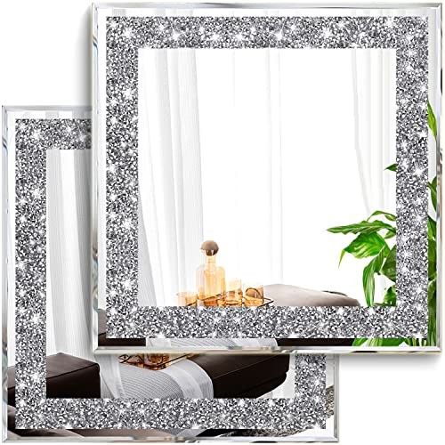 2 Piece Wall Mirrors, Crush Diamond Mirrors 12x12 inch (2 Pack) Square Silver