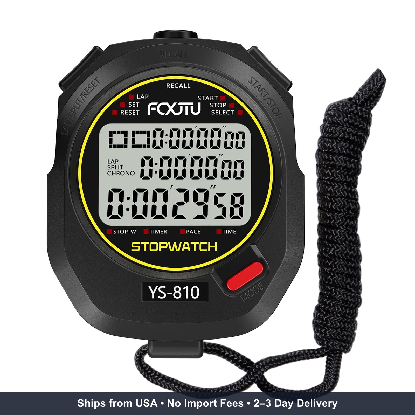 Professional Stopwatch Timer, 3-Row 10 Lap/Split Memory Count up/Down Timer, Ext