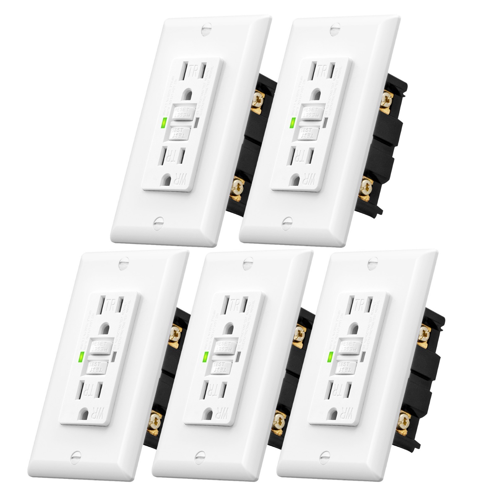 5-Pack 20Amp GFCI Outlet WR TR Self-Test LED Wallplate White UL LED Indicator