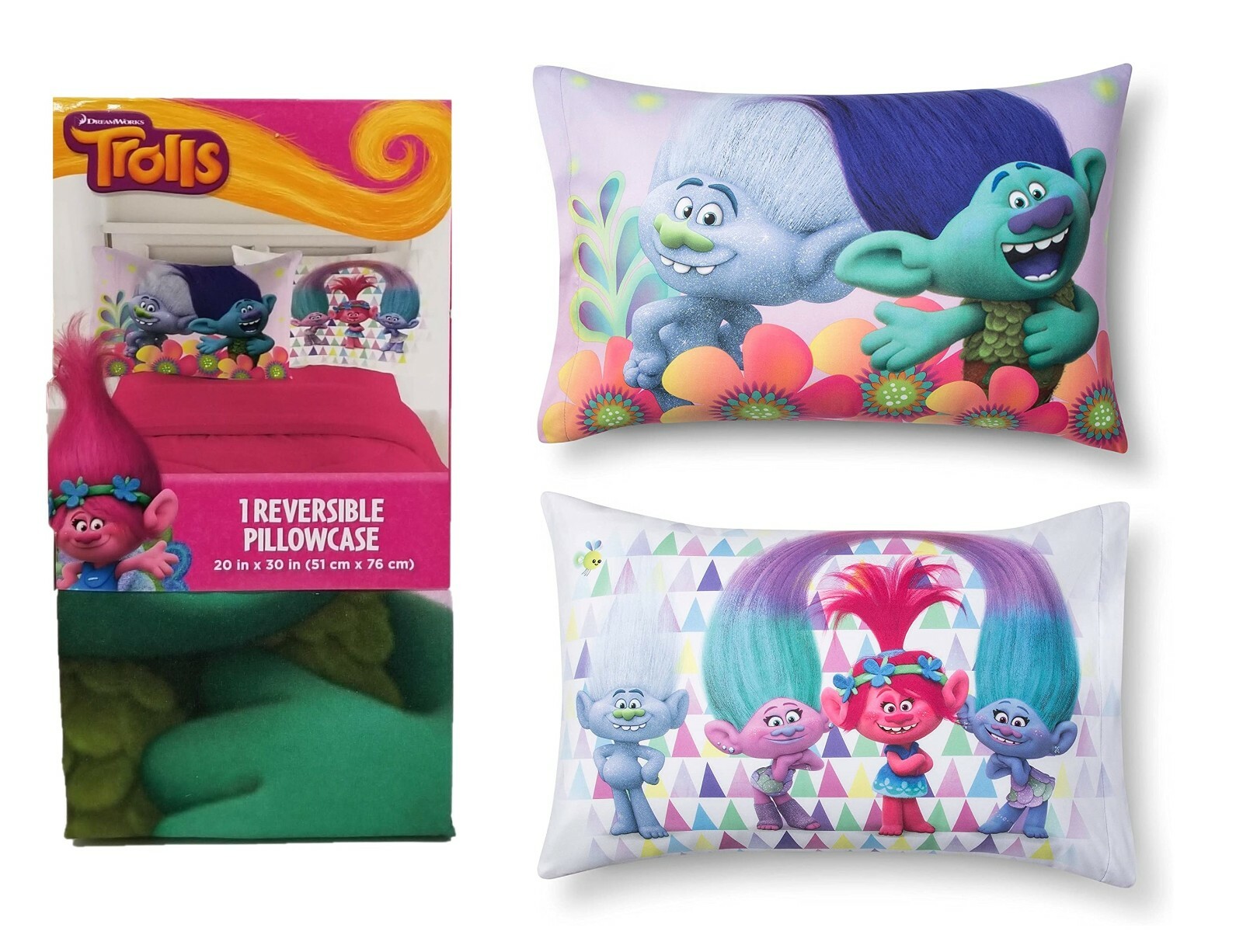 Trolls Poppy Branch Guy Reversible Pillowcase Standard Size 20" x 30" Set of 2