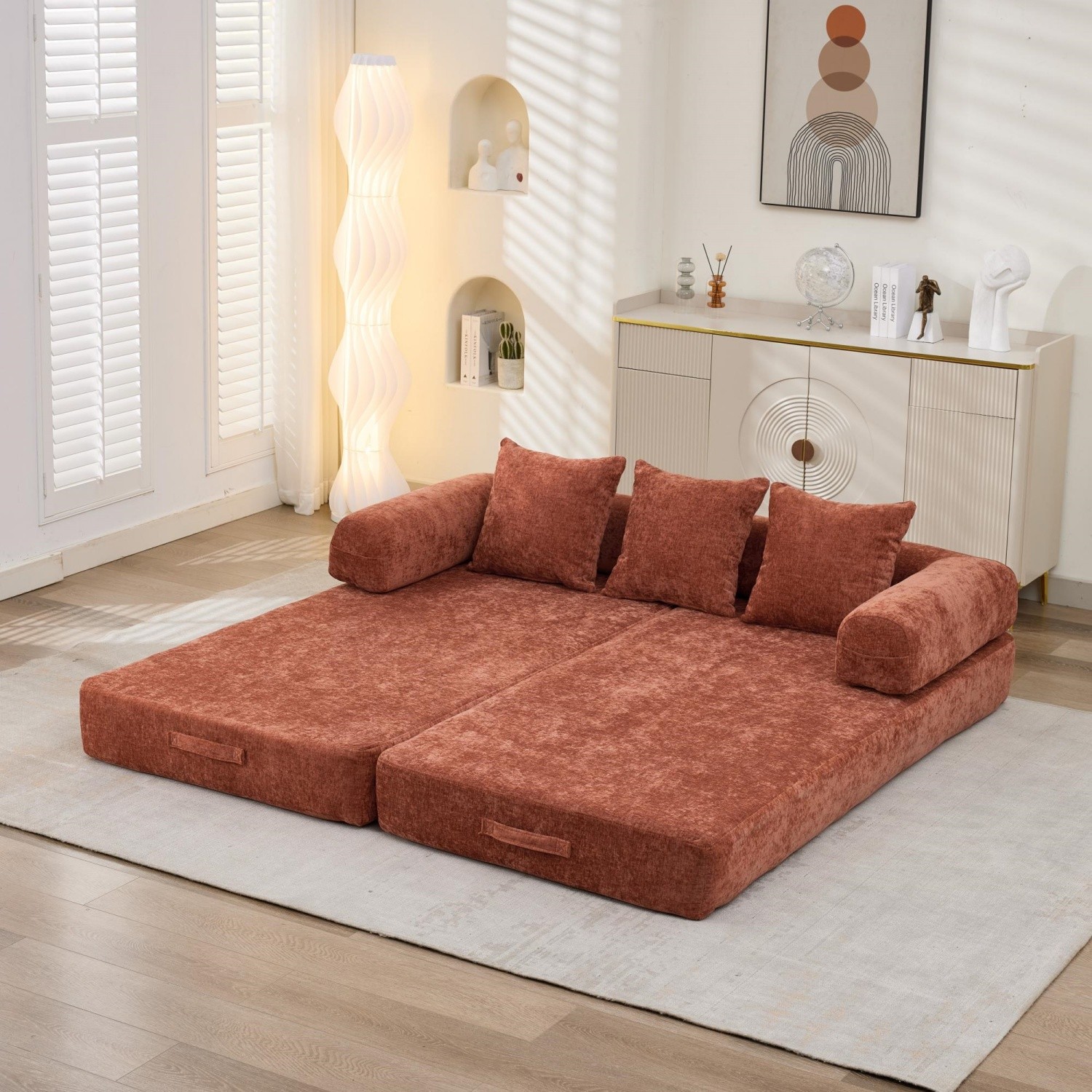 Modern Convertible Floor Sofa Bed Folding Mattress Couch w/ Armrests & Pillows