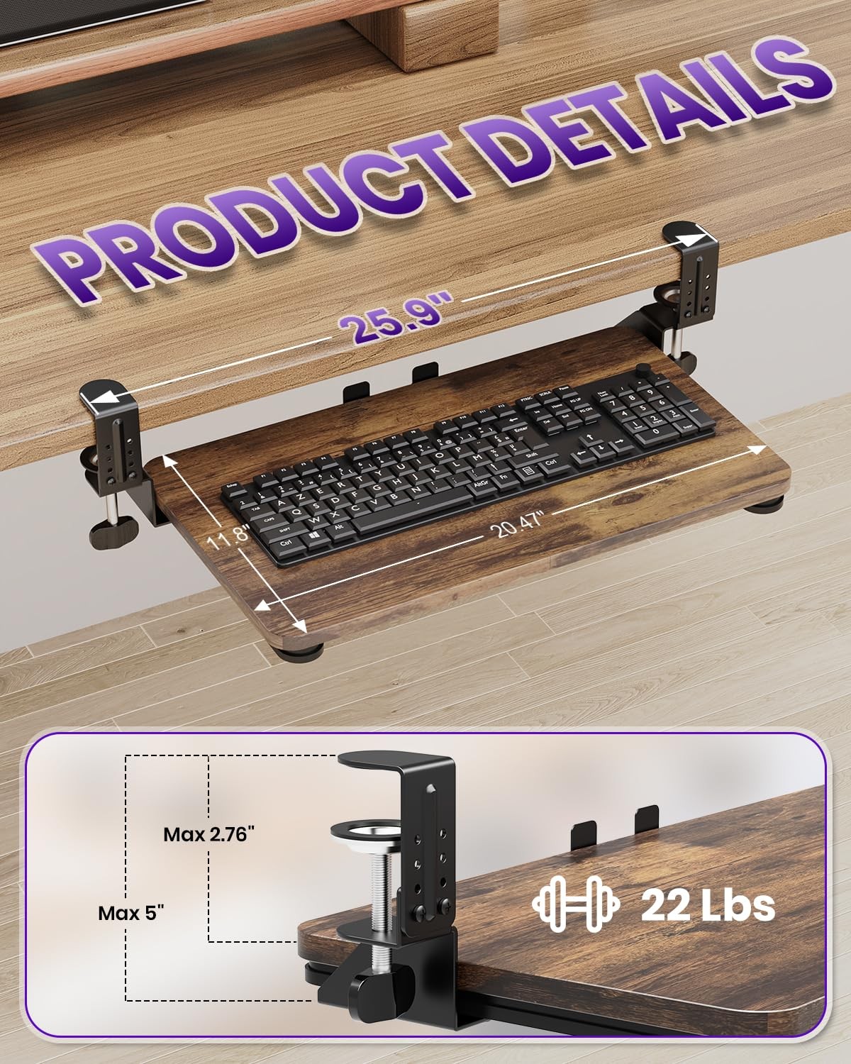 Ergonomic Under Desk Keyboard Tray Pull Out CClamp 20x11.8 Inch Rustic