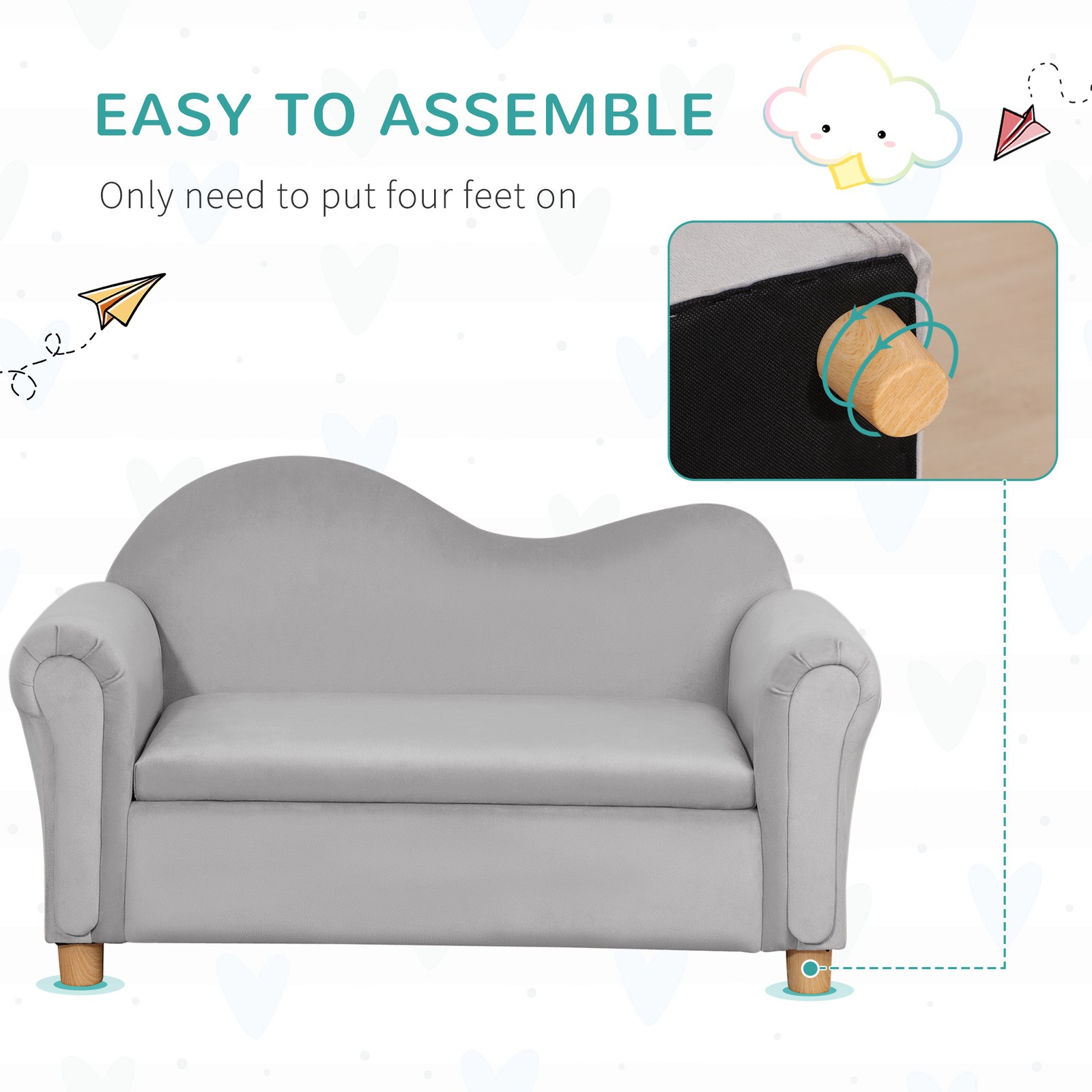 Foam and Velvet Kids Sofa with Inner Storage, Kids Couch with Soft Arms, Grey